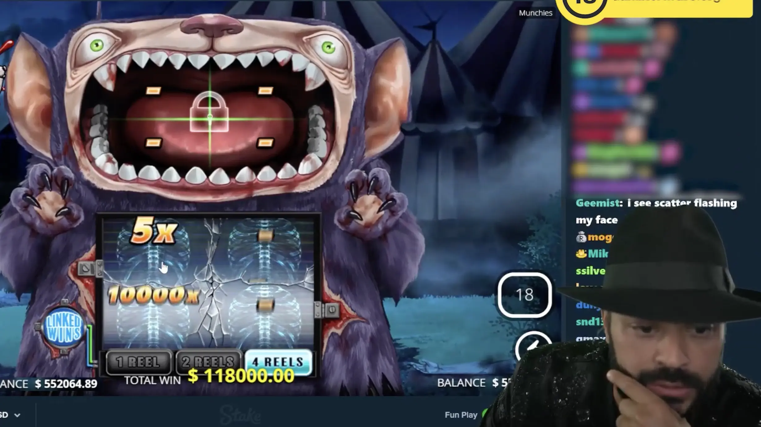 Roshtein wearing his signature black hat during a Munchies slot stream, with gameplay and live chat visible.