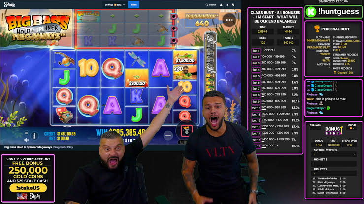 Two ClassyBeef hosts reacting excitedly during Big Bass Hold & Spinner Megaways gameplay, with live chat alongside.