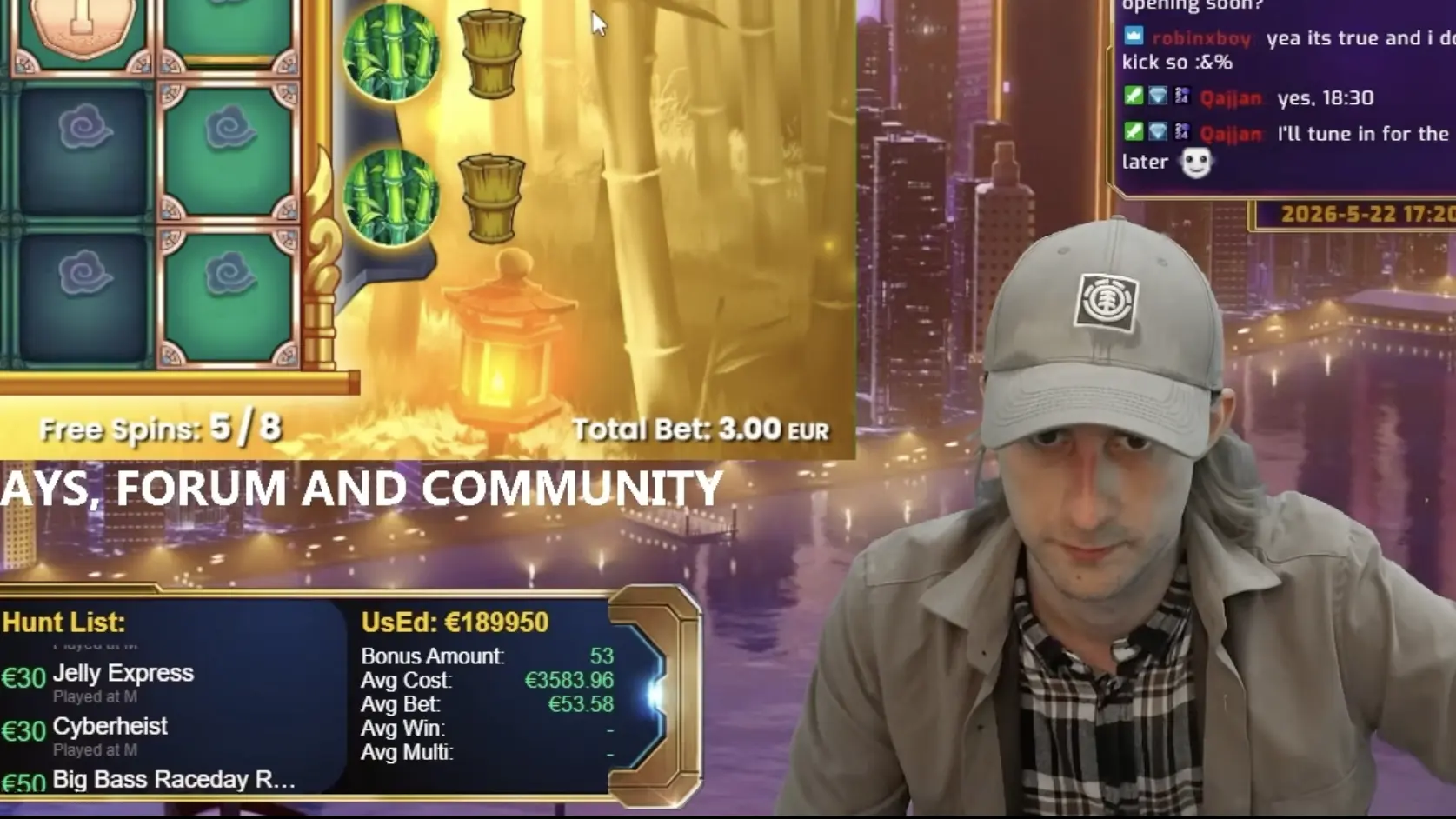 CasinoDaddy host wearing a gray cap during a slot bonus round, with live chat and bonus hunt statistics on screen.