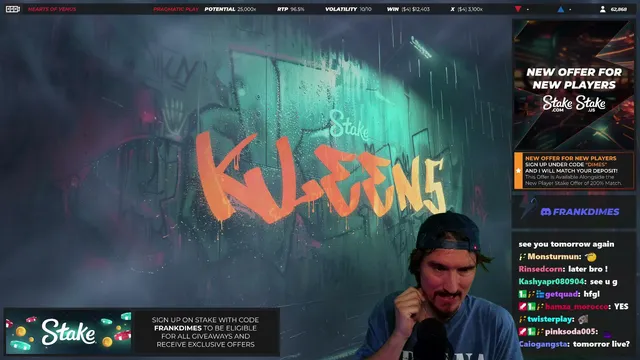 FrankDimes wearing a backward cap, with a large Klowns graphic and a live chat panel visible on his stream.