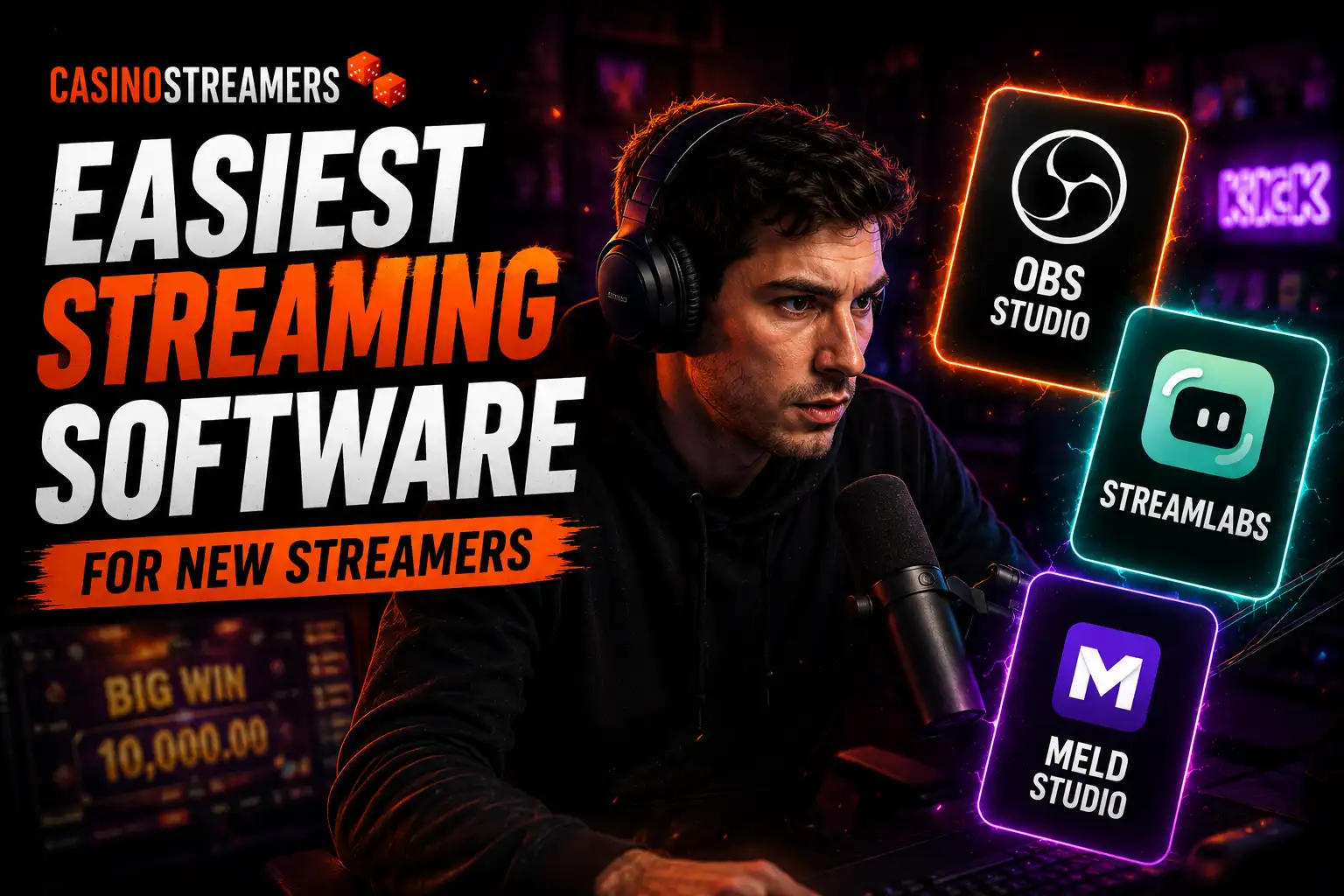Streamer comparing OBS Studio, Streamlabs and Meld Studio while choosing the best streaming software for new streamers in 2026.