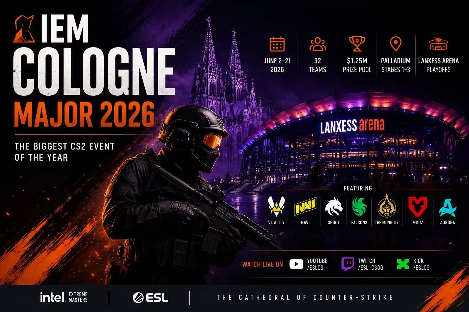 Counter-Strike player in front of Lanxess Arena during IEM Cologne Major 2026 with tournament branding and team logos.