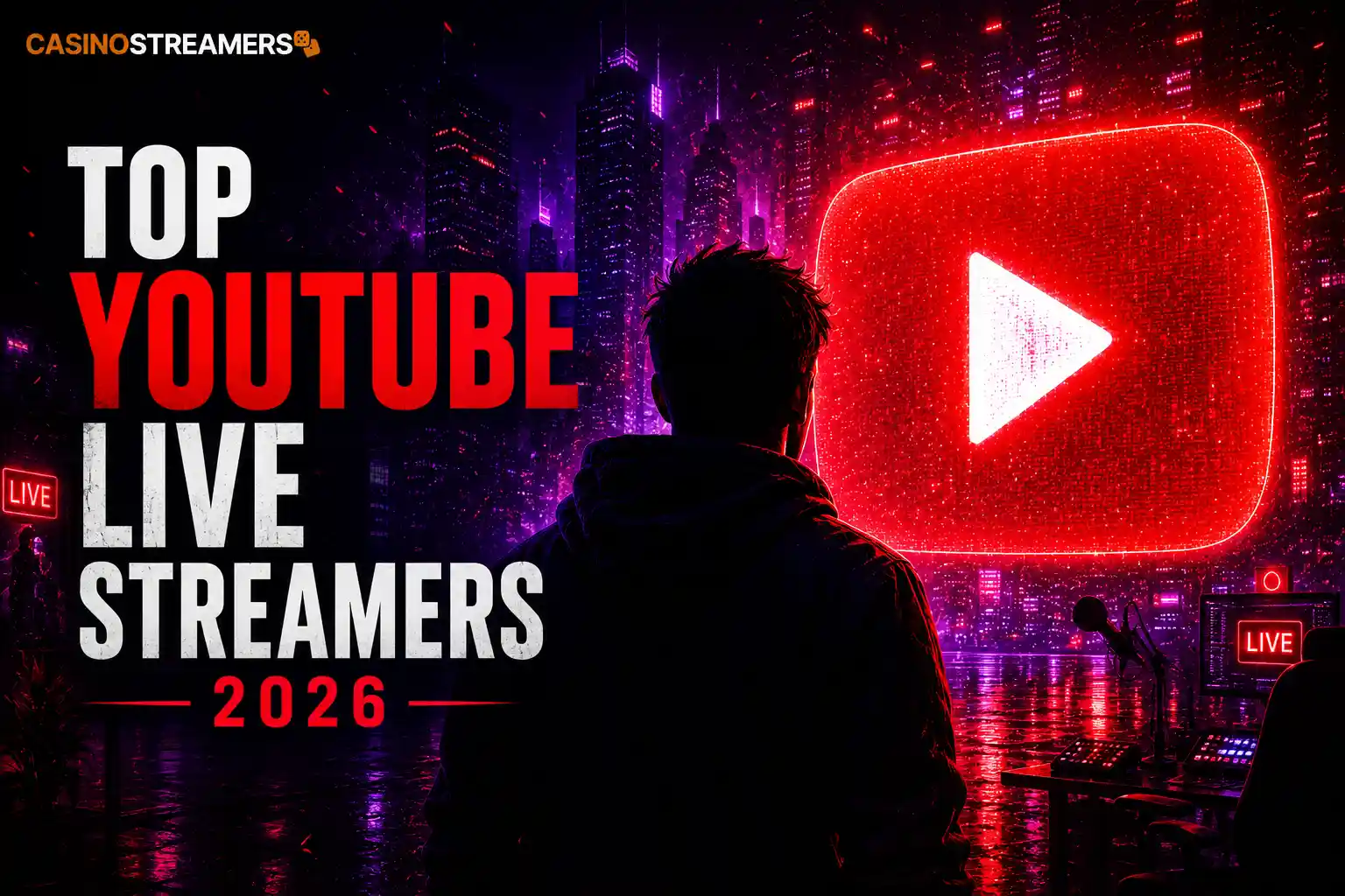 YouTube live streaming themed artwork showing a creator facing a giant YouTube icon and live broadcast setup.
