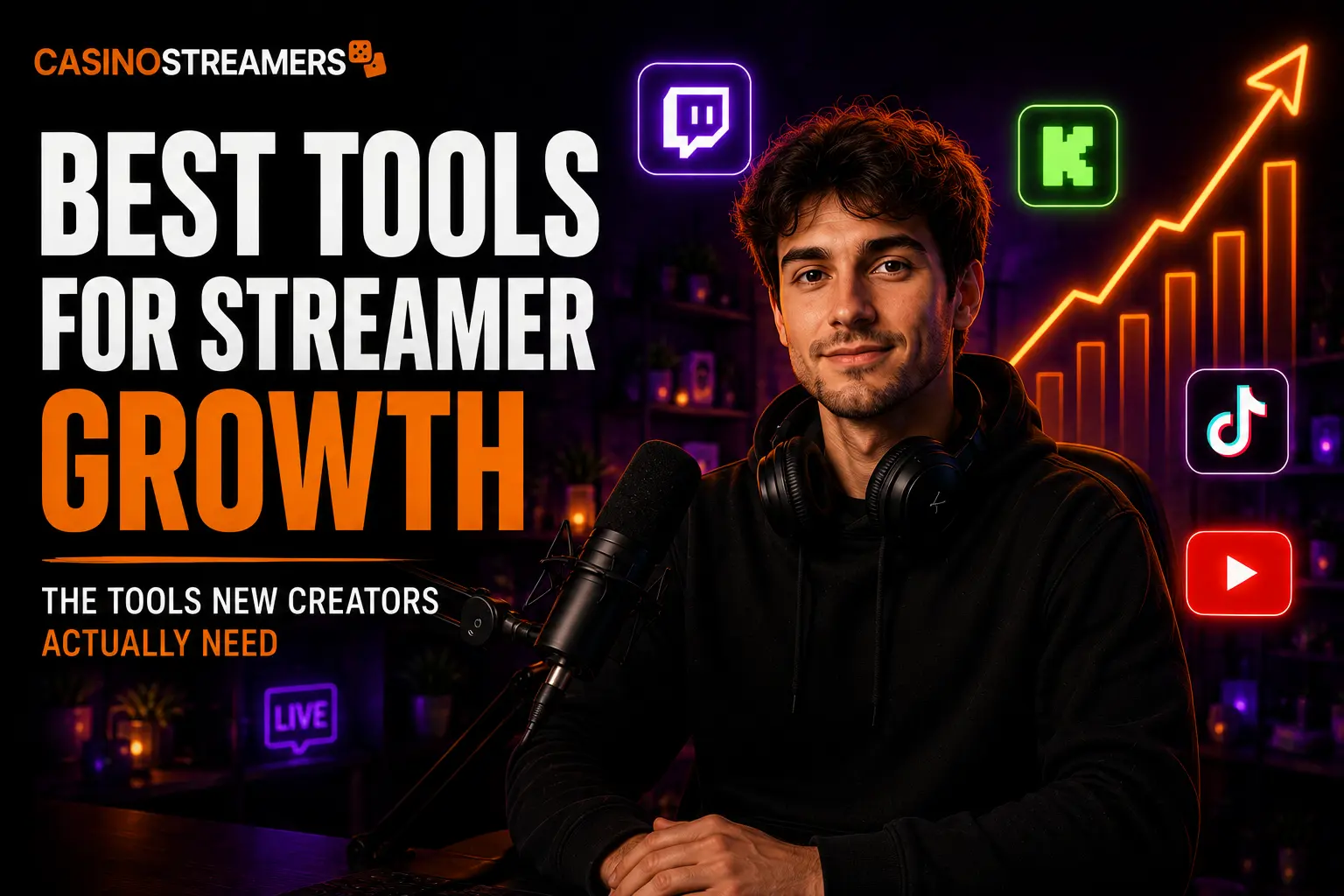 Content creator surrounded by Twitch, Kick, YouTube and TikTok icons with audience growth graphics in the background.