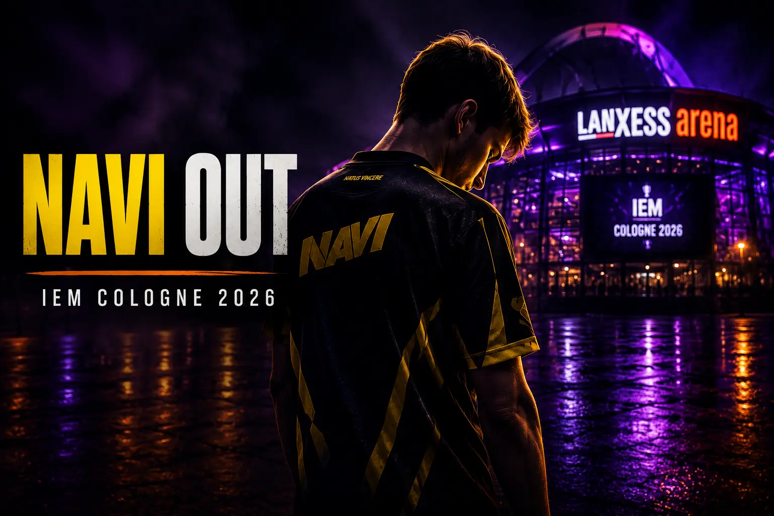 NAVI Counter-Strike player standing outside Lanxess Arena after elimination from IEM Cologne 2026.