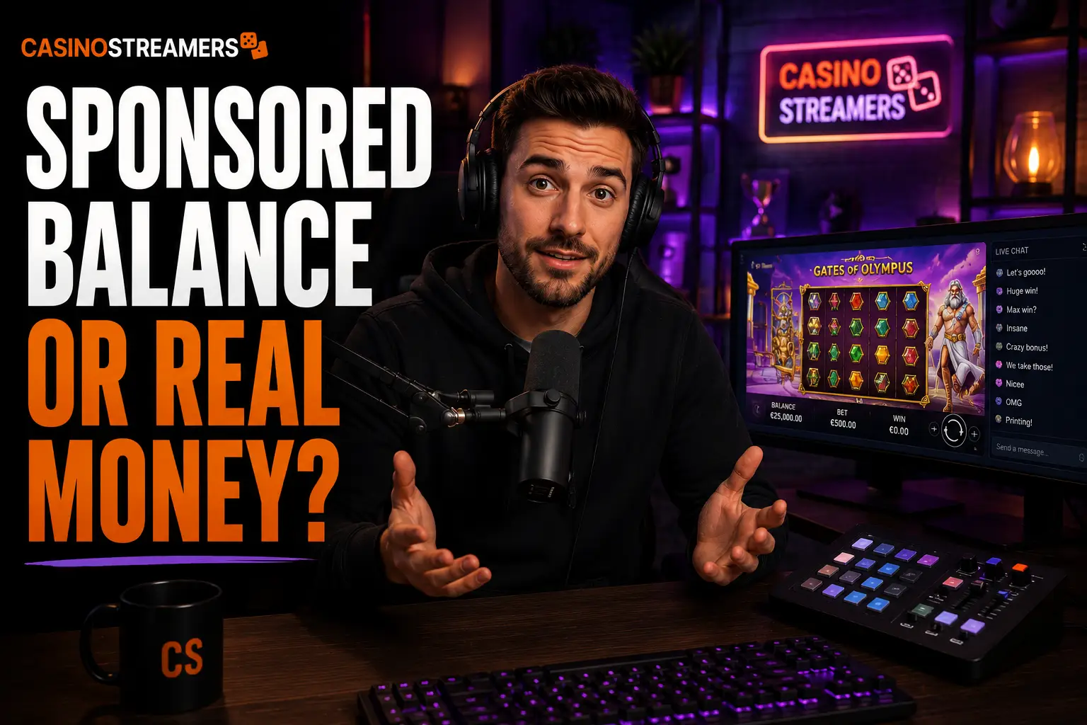 Casino content creator explaining sponsored casino balances during a live stream.