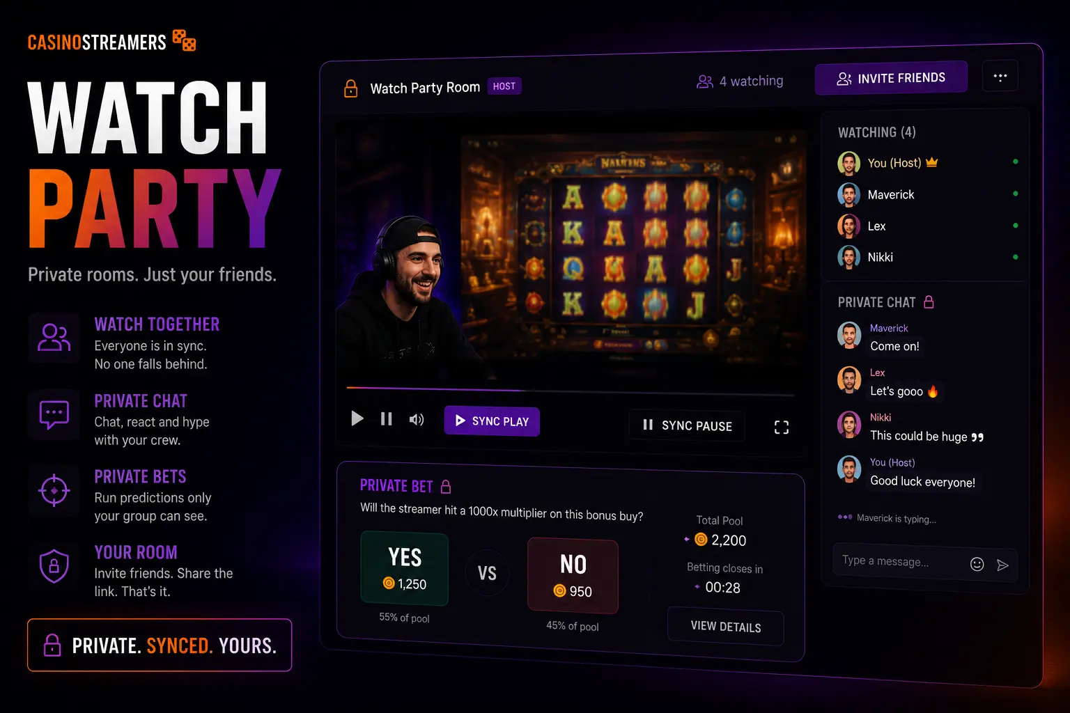 Concept illustration of CasinoStreamers Watch Party showing a private watch room with synchronized stream playback, private chat, friend list and group-only predictions.