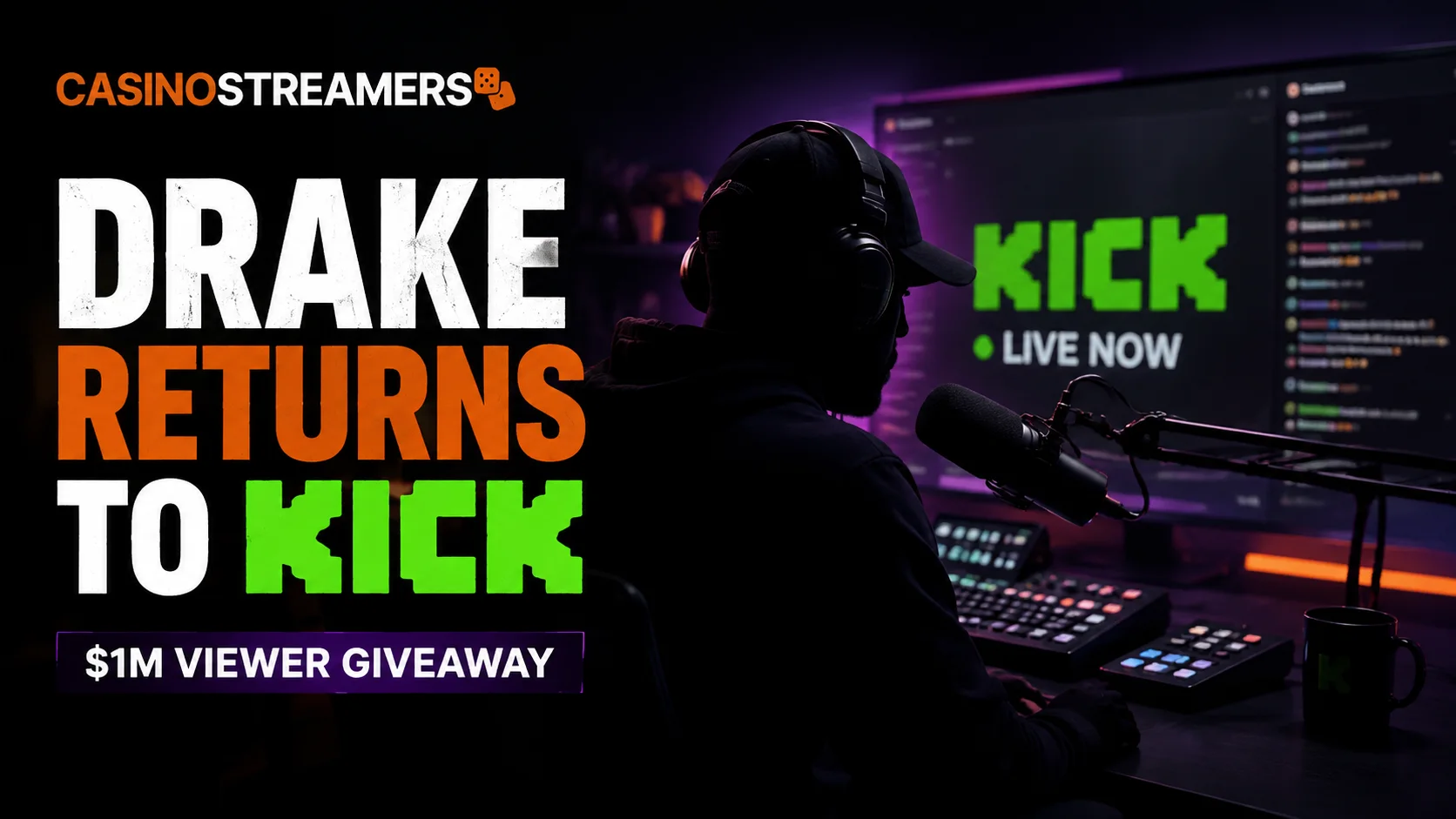 Silhouetted streamer sitting at a Kick broadcasting setup with a microphone and live chat screen.