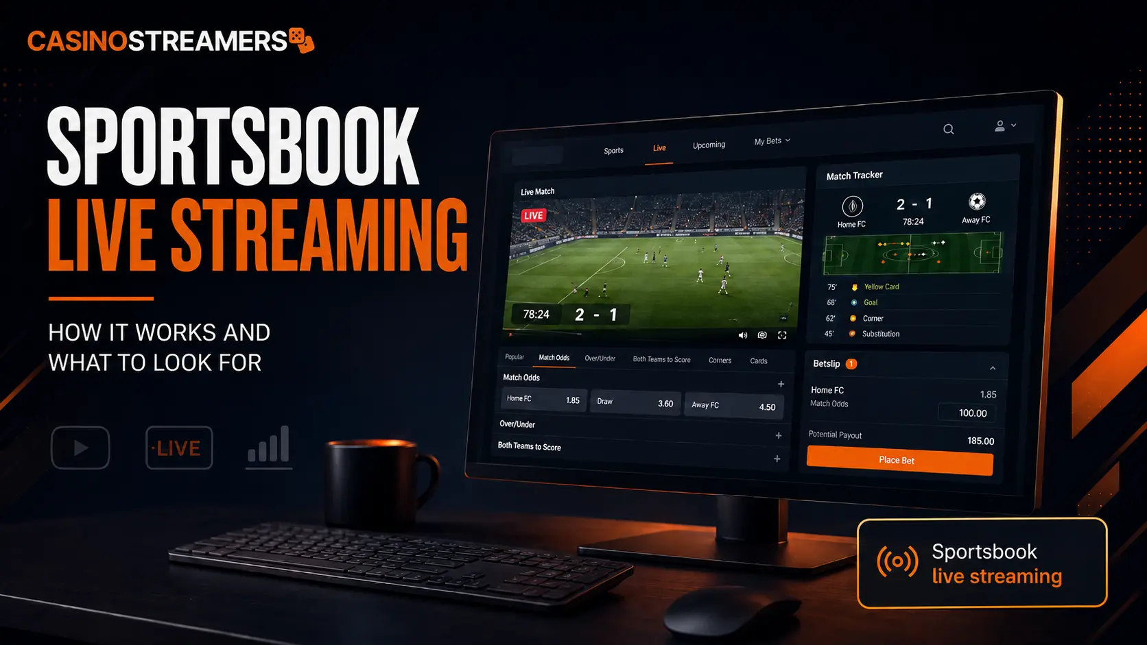 Casino Streamers graphic showing a sportsbook live streaming interface with a football match, live betting odds, match tracker, and bet slip displayed on a computer monitor.