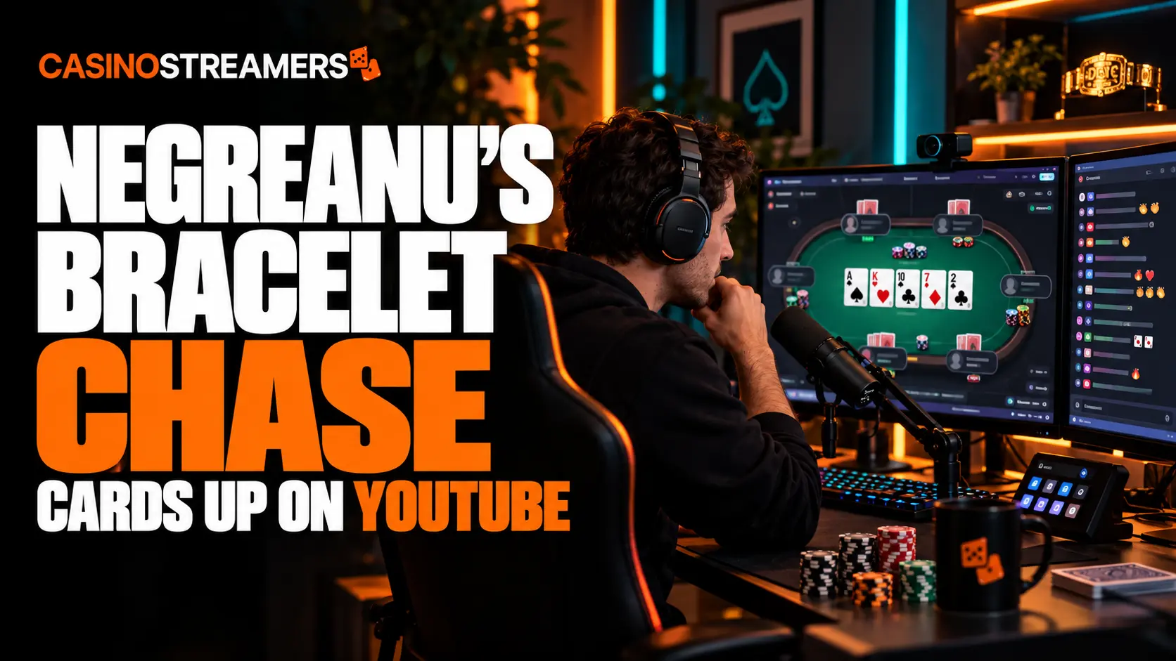 Illustration of a poker streamer at two monitors beside the headline “Negreanu’s Bracelet Chase: Cards Up on YouTube.”