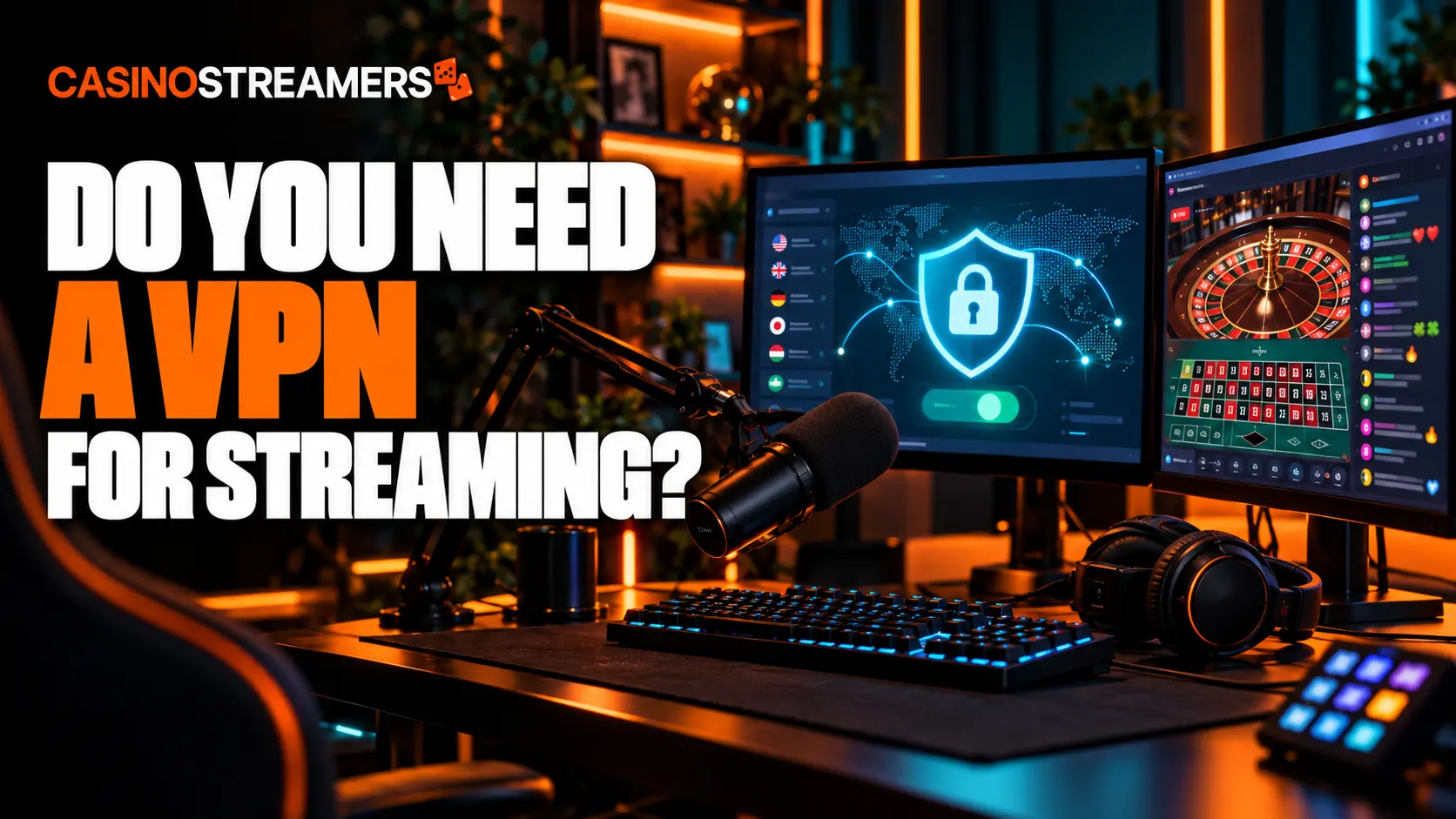 Graphic showing a streaming desk with a microphone, headphones, and monitors displaying a VPN interface and a casino livestream.