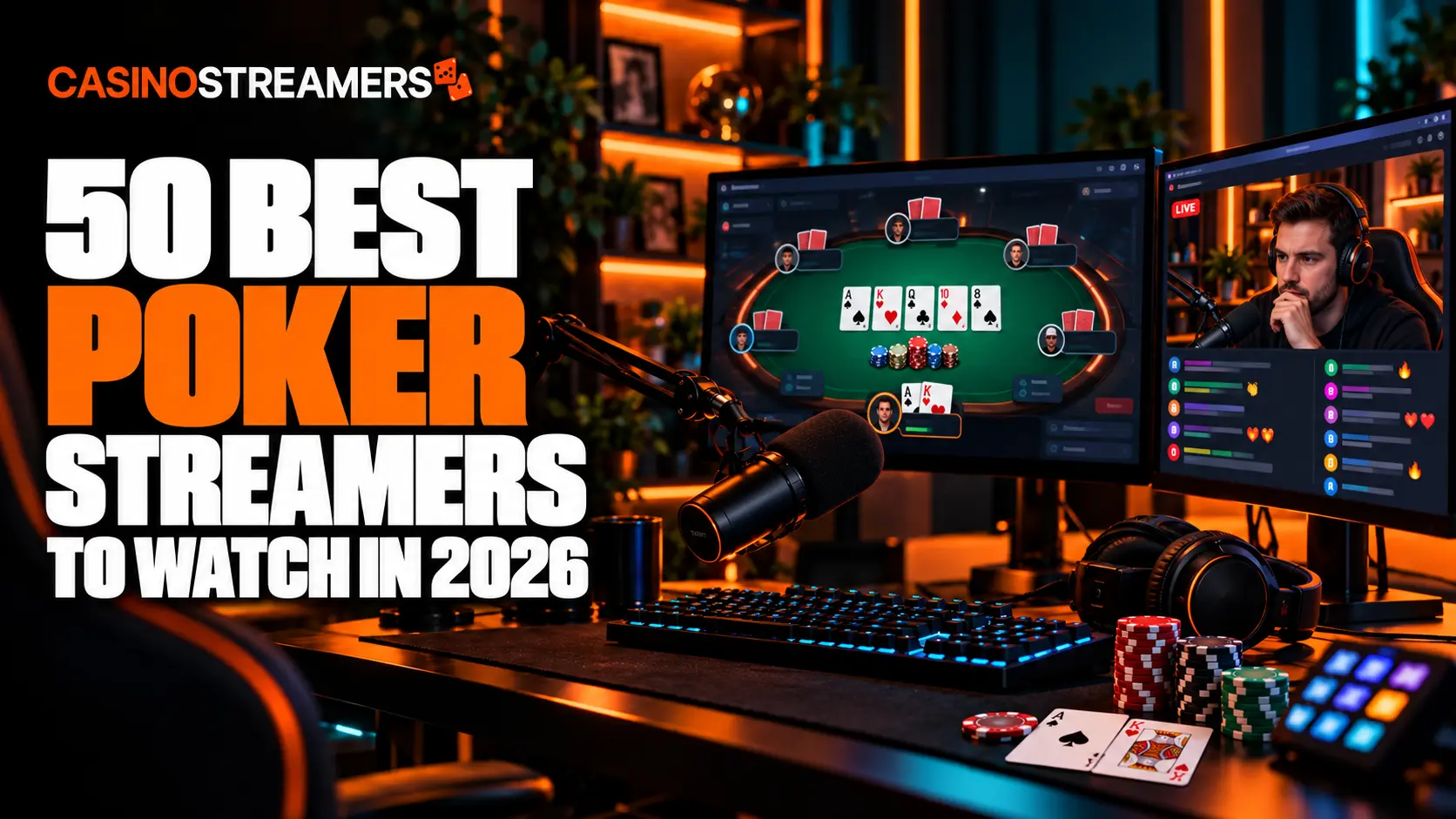Poker streaming setup with dual monitors, a microphone and poker chips, alongside the title “50 Best Poker Streamers to Watch in 2026.”