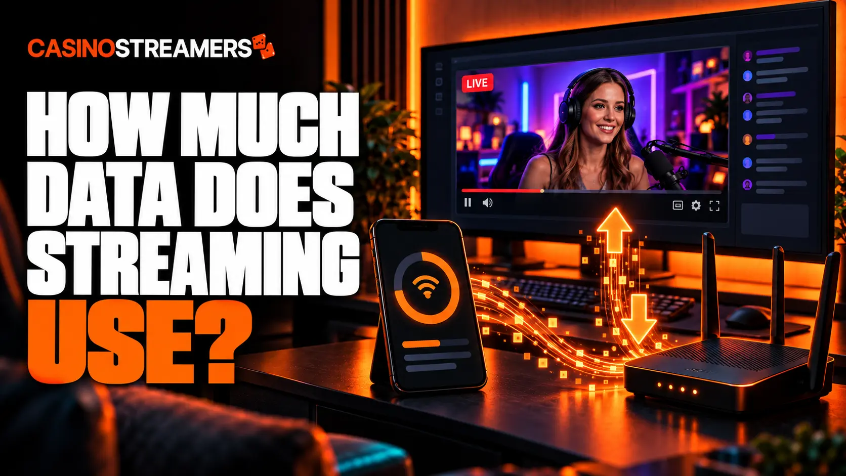CasinoStreamers graphic titled “How Much Data Does Streaming Use?” showing a live stream on a monitor, a smartphone, and a Wi-Fi router with upload and download arrows.