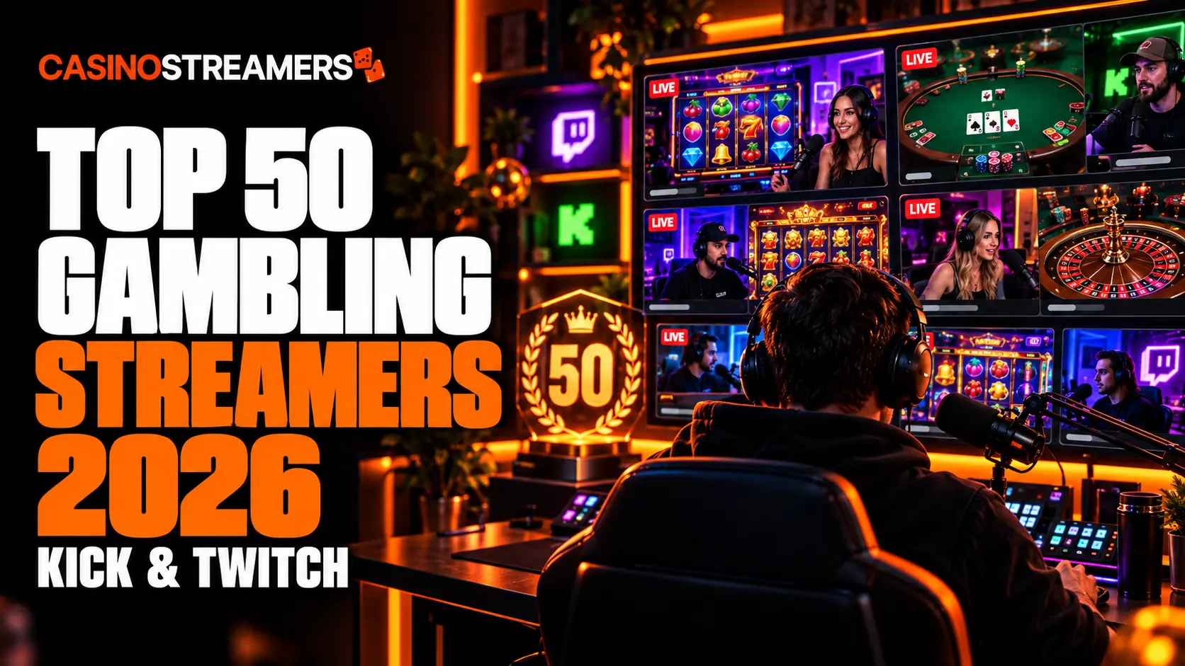 Top 50 Gambling Streamers in 2026 cover featuring a streamer facing casino broadcasts, Kick and Twitch logos, and orange lighting.