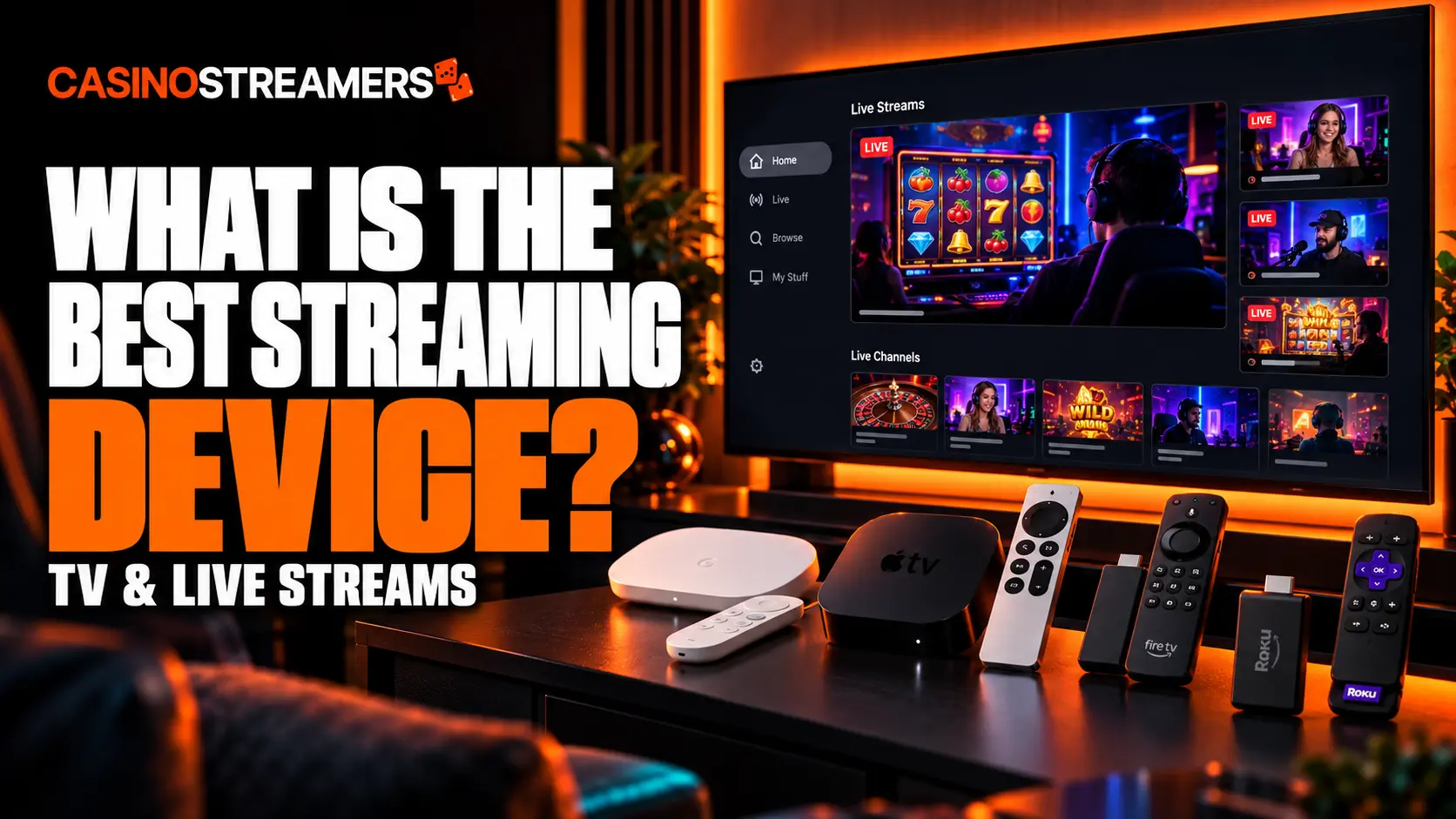 Streaming devices and remotes beneath a TV showing live streams, beside the headline “What is the best streaming device?”